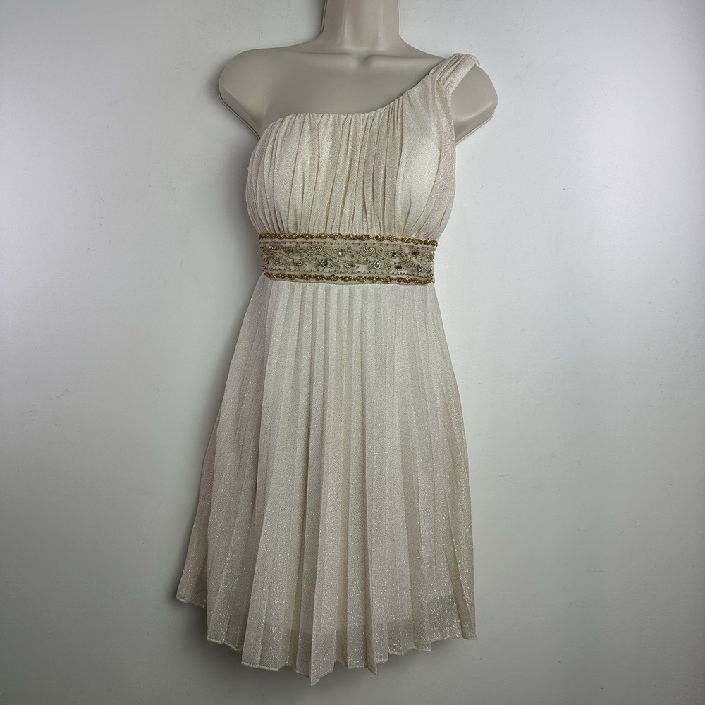 Vintage Speechless Y2K One Shoulder Gold Glitter Babydoll Mini Dress‎ Beaded Med